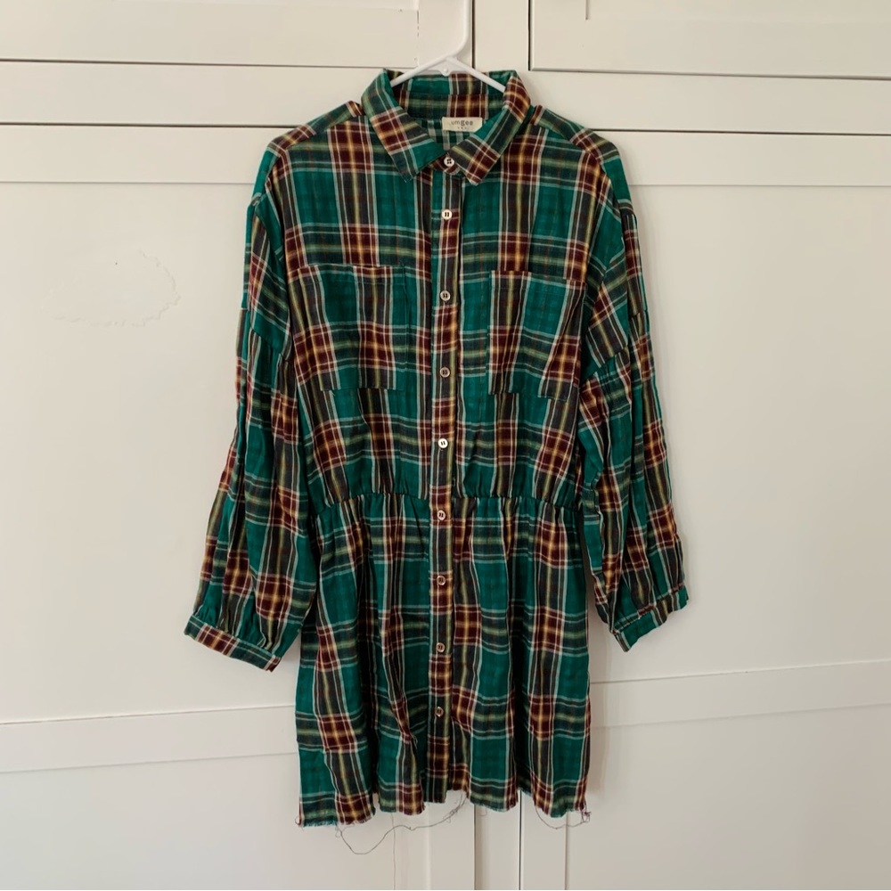 Umgee Green Flannel Button Shirt Dress Size Medium